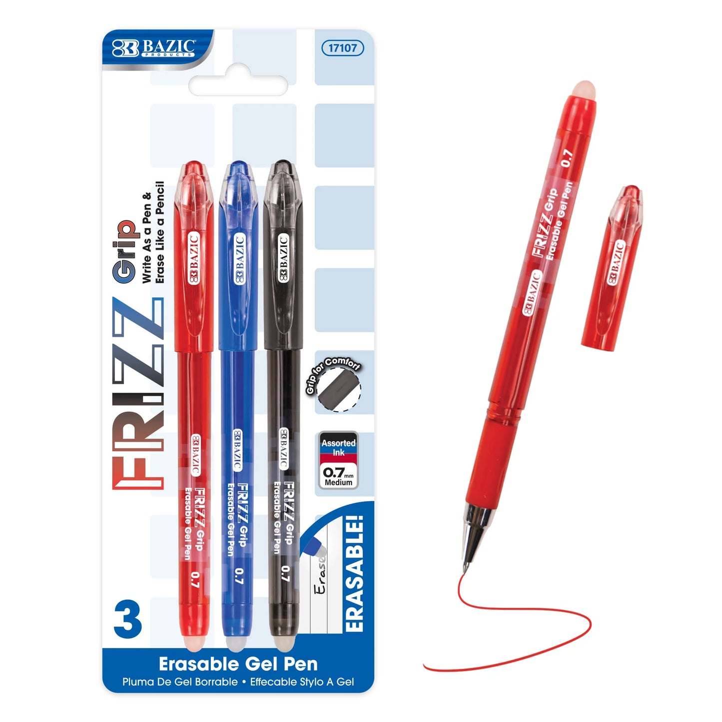 BAZIC Frizz Assorted Color Erasable Gel Pen with Grip (3/Pack)