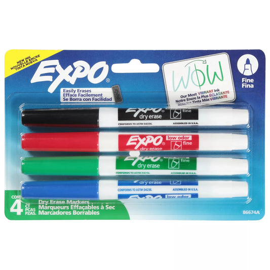 EXPO Dry Erase Markers Low Odor Ink Fine Tip Black Pkg. 4
