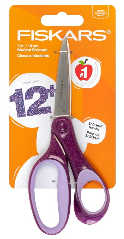 Student Scissors 7" for Kids Ages 12-14 Purple Glitter