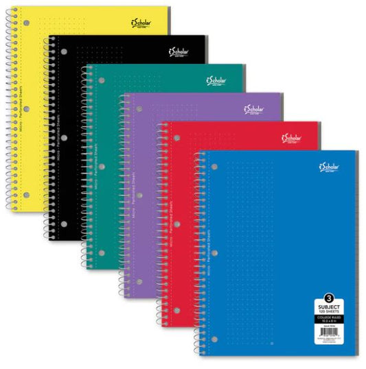 3 Subject Wirebound Notebook College Ruled 10.5" x 8" 120 Sheets