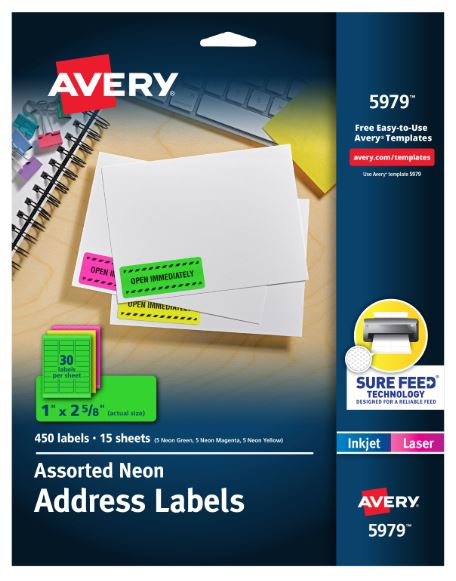 Address Labels 1" x 2-5/8" Assorted Neon Laser & Inkjet Compatible Pkg. 450