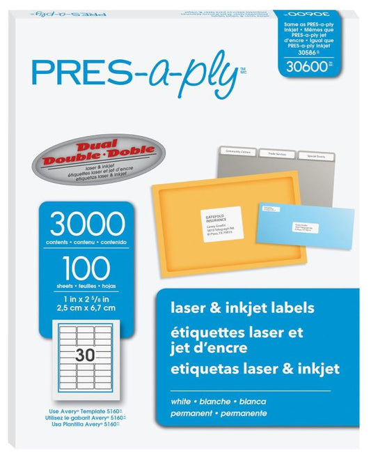 PRES-a-ply Laser Address Labels 1" x 2-5/8" White Cj. 3000