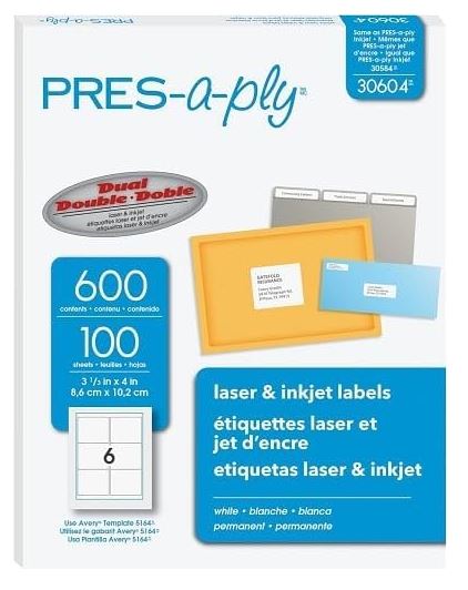 PRES-a-ply Laser Address Labels 3-1/3" x 4" White Cj. 600