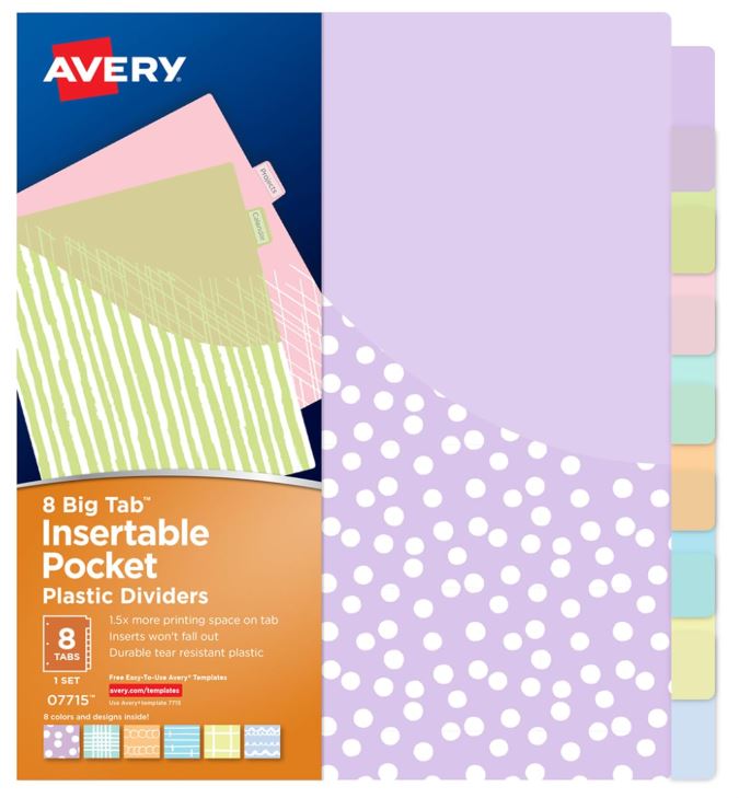 Insertable Pocket Dividers 8 Pastel Big Tabs