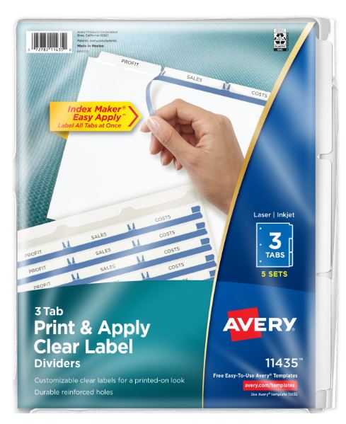 Print & Apply Clear Label Dividers 3 Tab White 5 Set