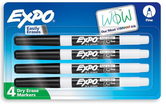 EXPO Dry Erase Markers Low Odor Ink Fine Tip Black Pkg. 4