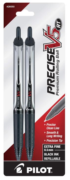 Precise V5 Retractable Rolling Ball Stick Pens 0.5 mm Extra Fine Point Black Ink Pkg. 2