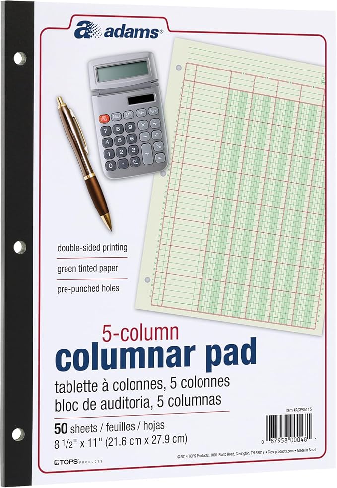 Columnar Analysis Pad, 5 Column Ledger, 8.5" x 11", 100 Pages