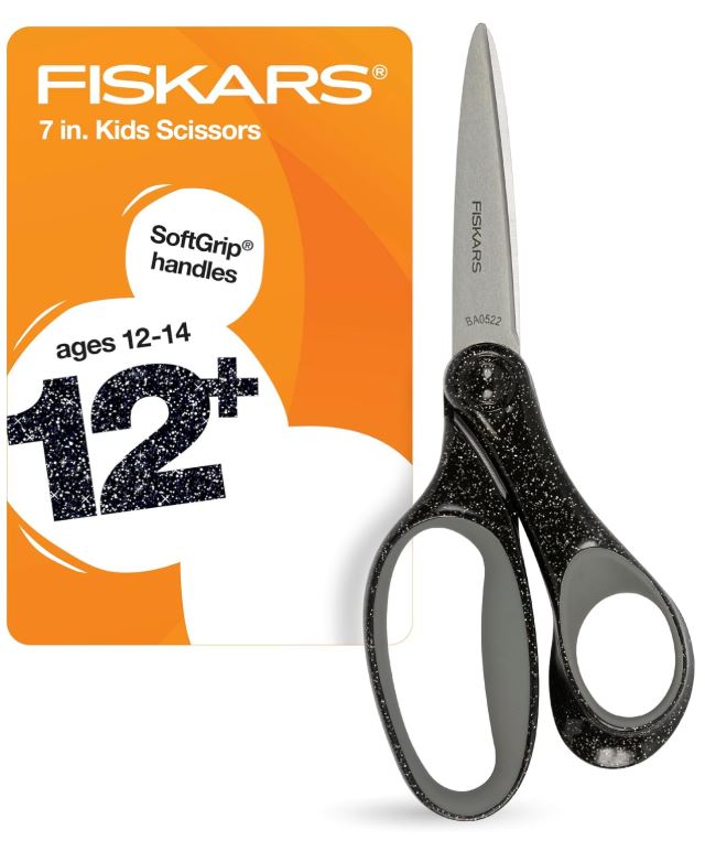 Student Scissors 7" for Kids Ages 12-14 Black Glitter