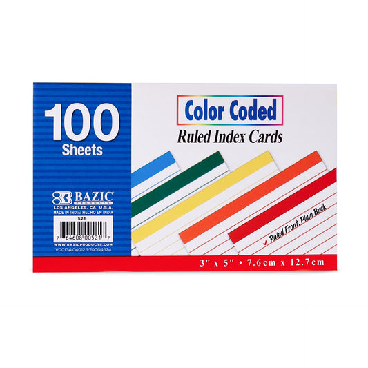 100 CT. 3" X 5" RULED COLOR CODED INDEX CARD