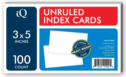 Index Cards Unruled 3" x 5" White Pkg. 100