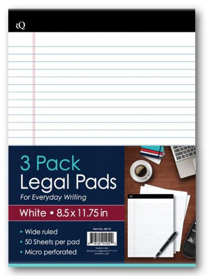 iQ Legal Pad White 8.5" x 11.75" 150 Sheets Pkg. 3