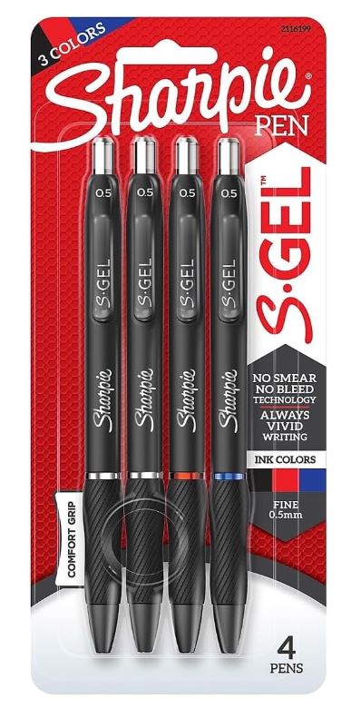 Sharpie S-Gel Pens Fine Point 0.5 mm Assorted Colors Pkg. 4