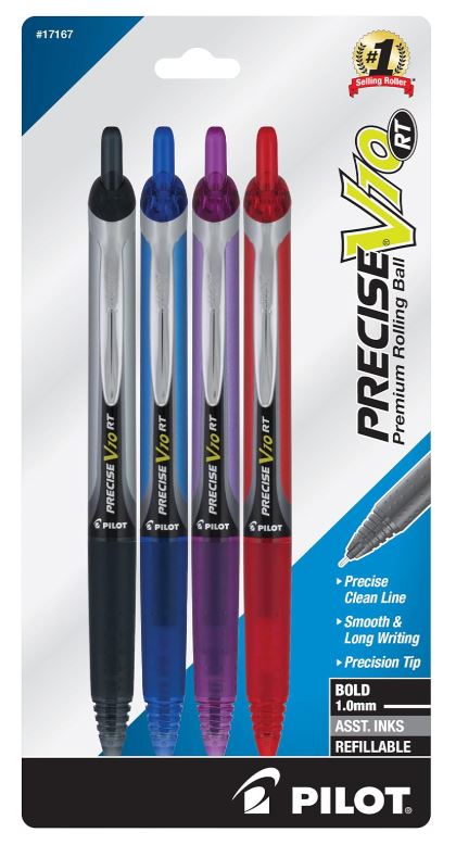 Precise V10 Retractable Rolling Ball Pens Bold Point 1.0 mm Asst. Color Pkg. 4