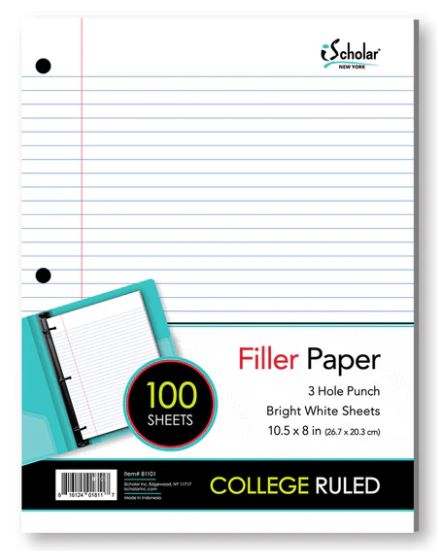 Filler Paper College Ruled 10.5" x 8" Pkg. 100