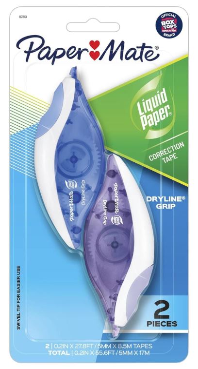 Paper Mate Liquid Paper DryLine Grip Correction Tape Assorted Colors Pkg. 2