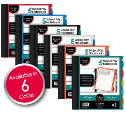 iQ+ Premium 5 Subject Poly Notebook College Ruled 11" x 9" 200 Sheets
