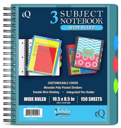 iQ 3 Subject Poly Notebook 10.5″ x 8.5″ Double Wire 150 Sheets