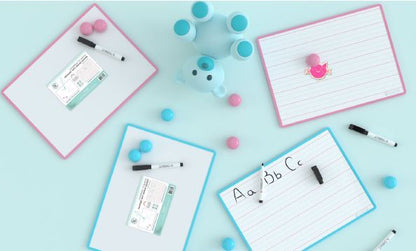 DOUBLE SIDED PRIMARY DRY ERASE BOARD ASST COLORS (12”x8.5") INCLUDES MARKERS AND 2 MAGNETS