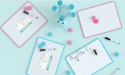 DOUBLE SIDED PRIMARY DRY ERASE BOARD ASST COLORS (12”x8.5") INCLUDES MARKERS AND 2 MAGNETS