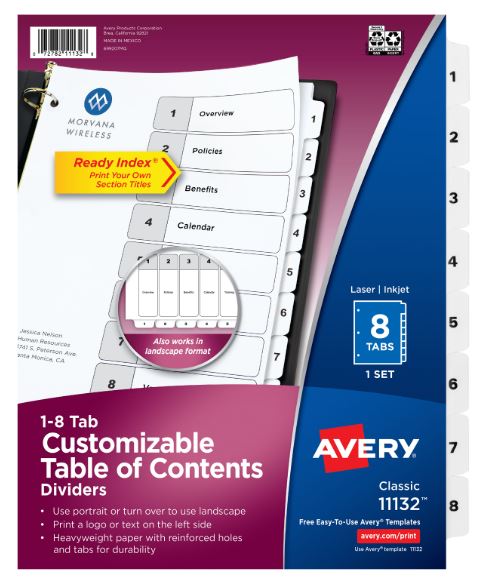 Dividers Customizable Table of Contents White 1-8 Tab Sets Pkg. 8