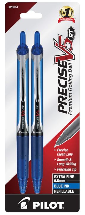 Precise V5 Retractable Rolling Ball Stick Pens 0.5 mm Extra Fine Point Blue Ink Pkg. 2