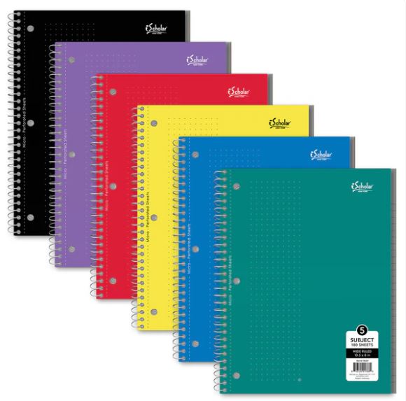 5 Subject Wirebound Notebook Wide Ruled 10.5" x 8" 180 Sheets