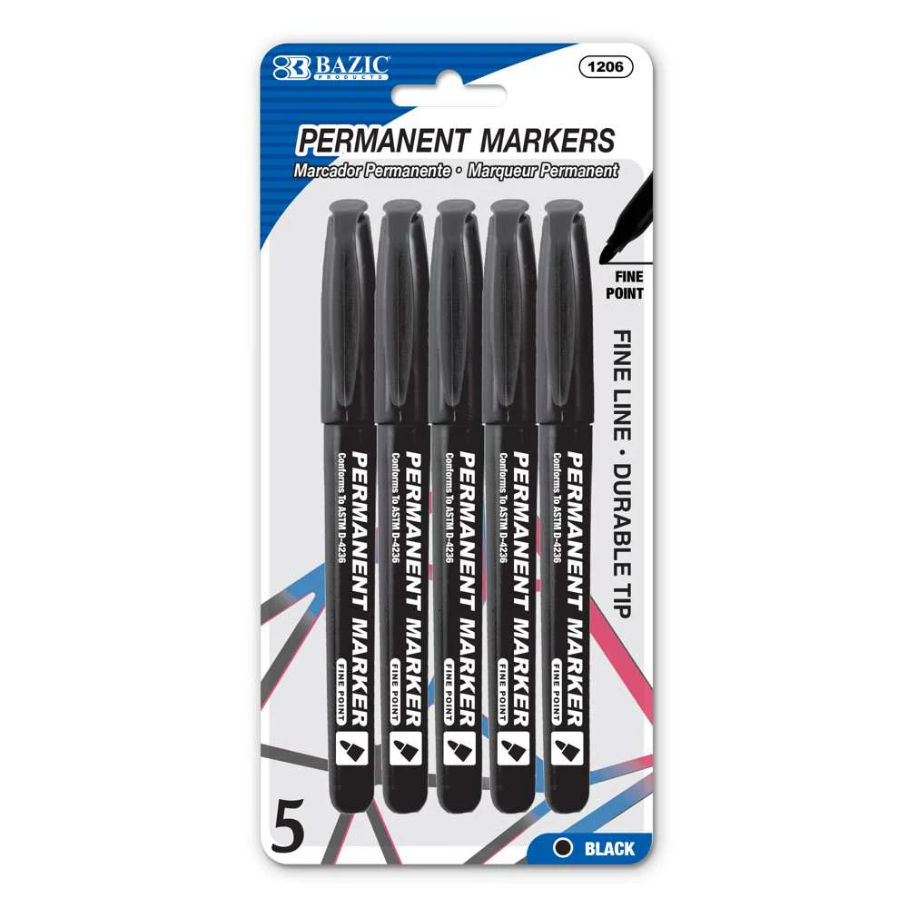 BLACK FINE TIP PERMANENT MARKERS PQT.5
