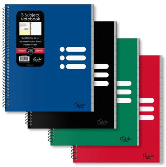 3 Subject Poly Notebook Wide Ruled 10.5" x 8.5" 150 Sheets