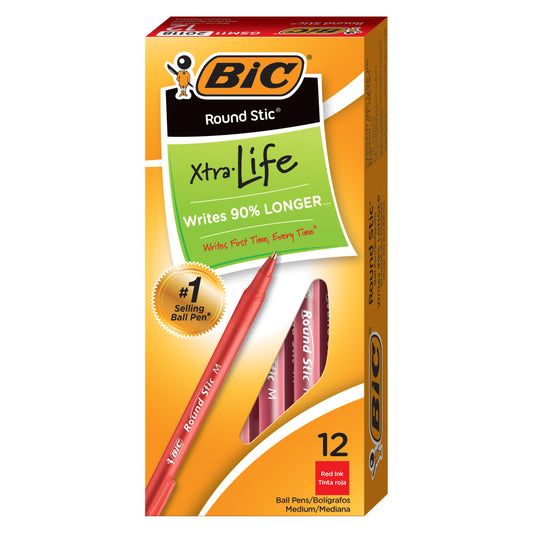 ROUND STIC XTRA LIFE BALLPOINT MED PEN RED