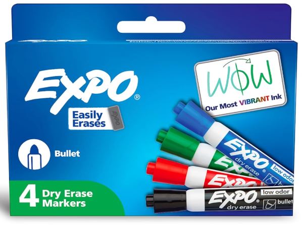 EXPO Dry Erase Markers Low Odor Ink Bullet Tip Black Pkg. 4