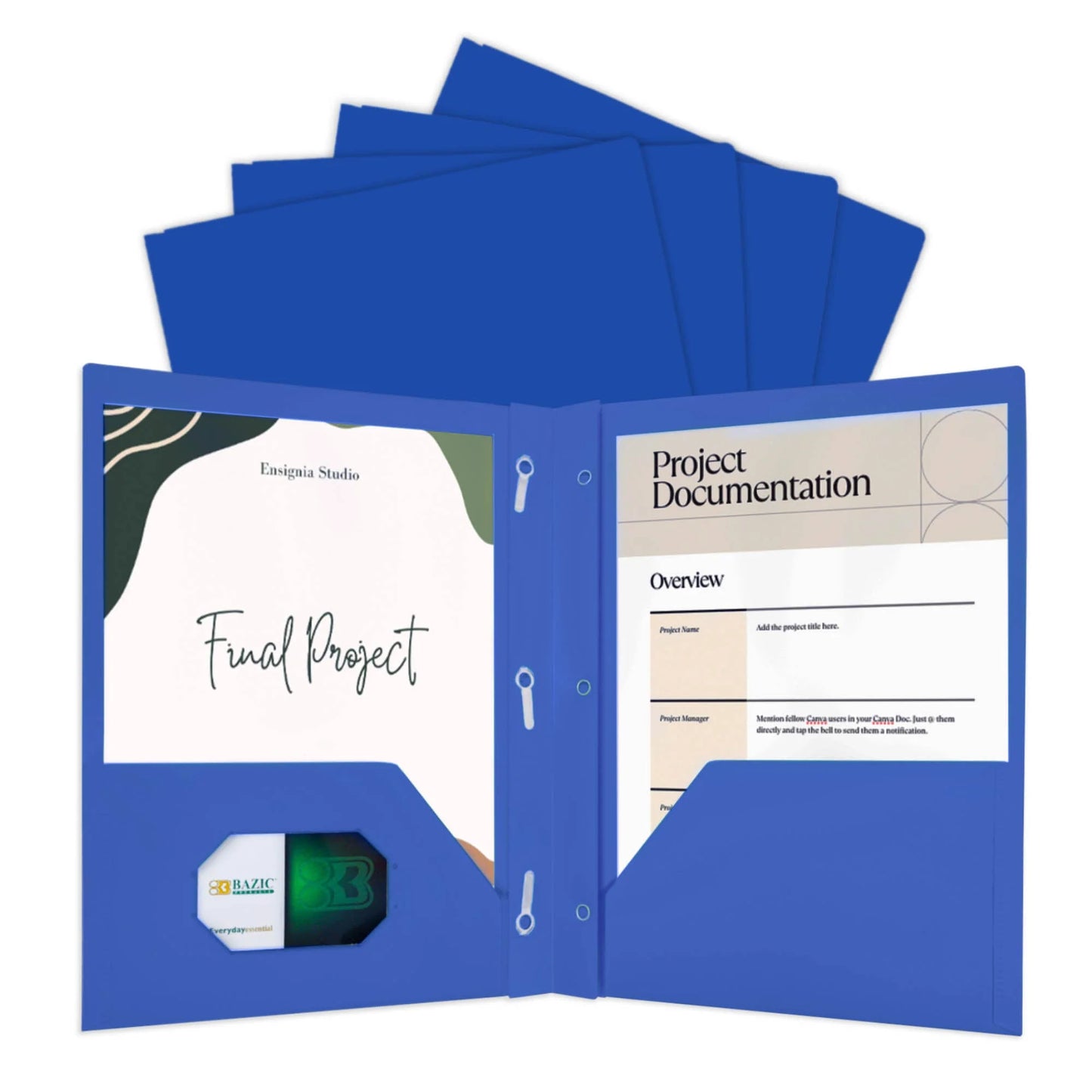 BAZIC Blue Color 2-Pockets Poly Portfolio w/ 3 Prongs