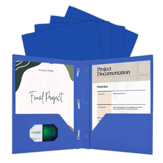 BAZIC Blue Color 2-Pockets Poly Portfolio w/ 3 Prongs