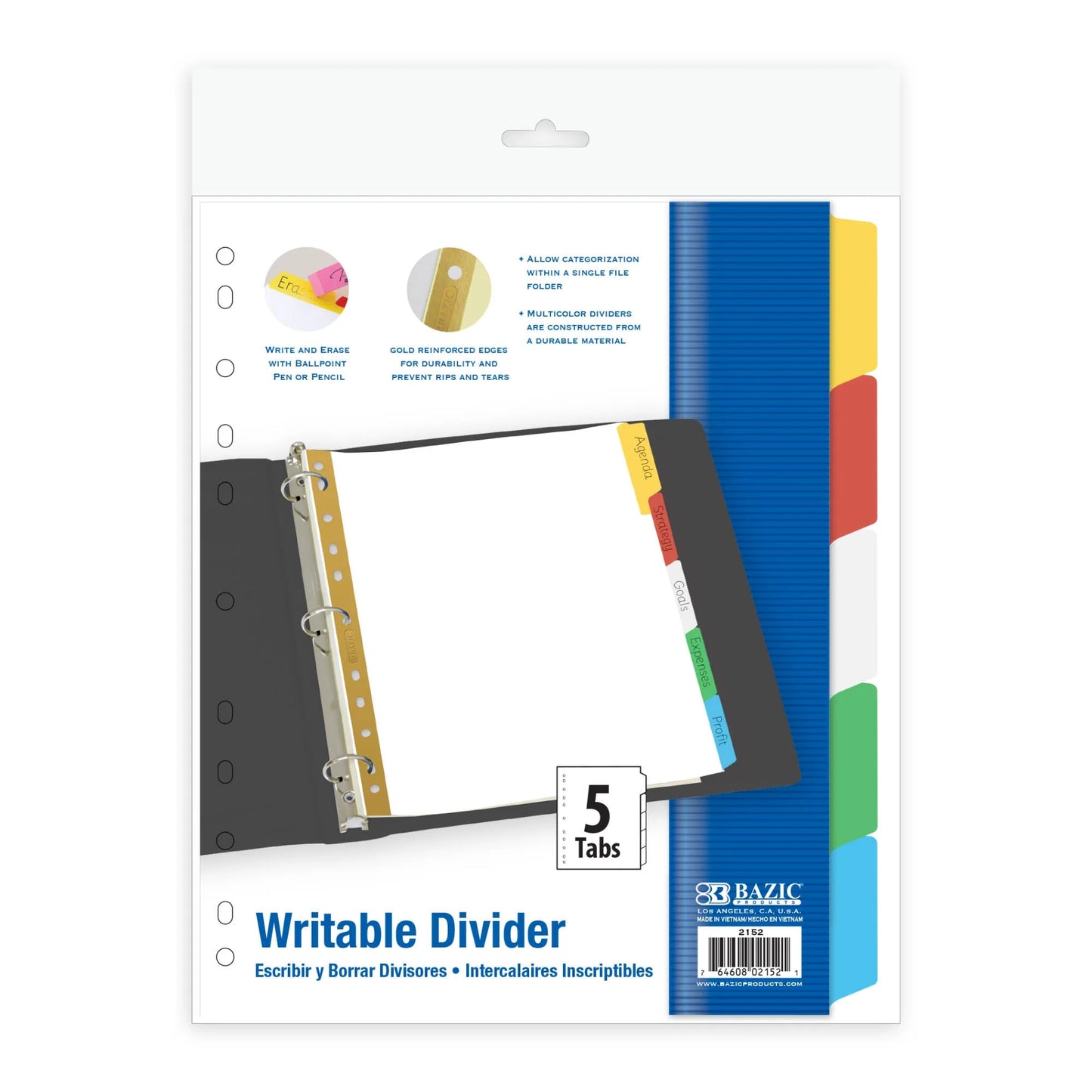 BAZIC White Paper Dividers w/ 5-Writable Color Tabs