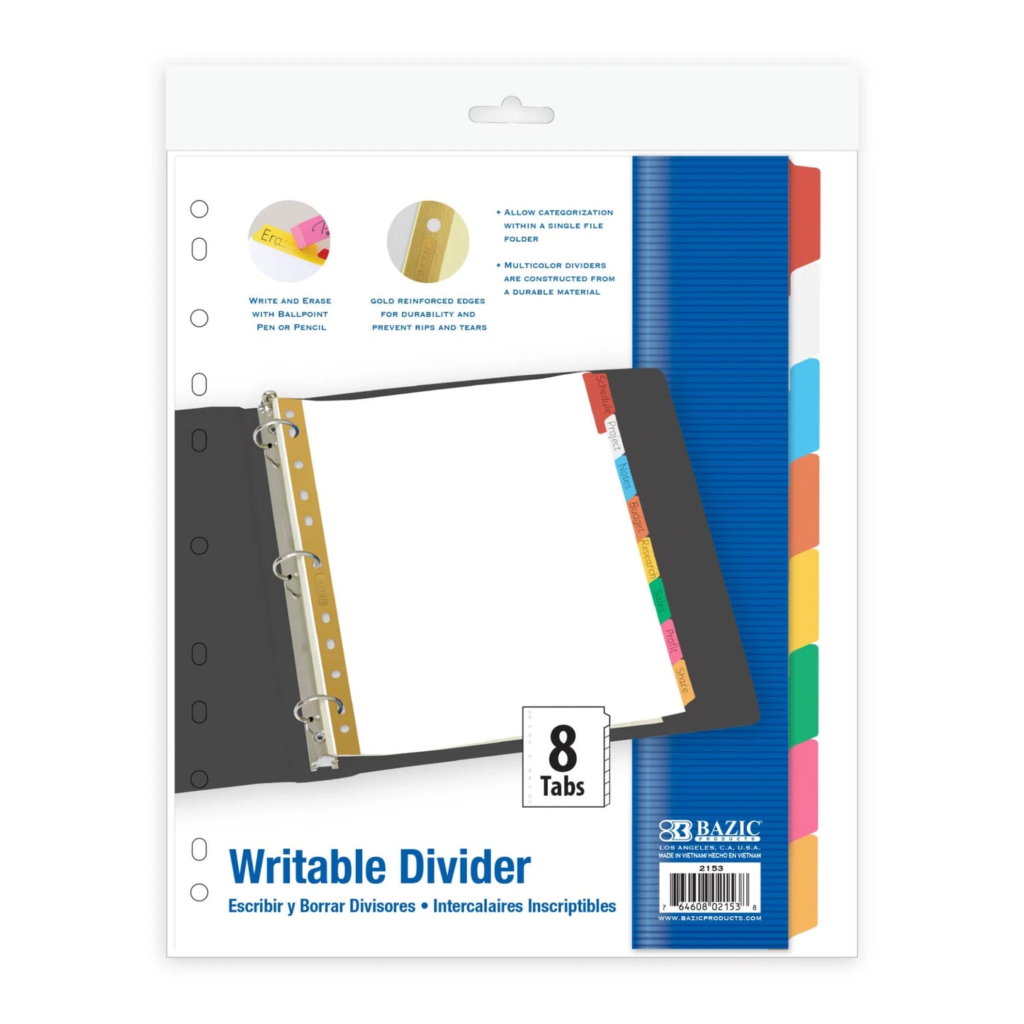 BAZIC White Paper Dividers w/ 8-Writable Color Tabs