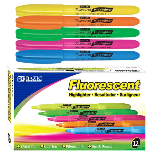 PEN STYLE FLUORESCENT HIGHLIGHTER ASSTD COLOR 12PK