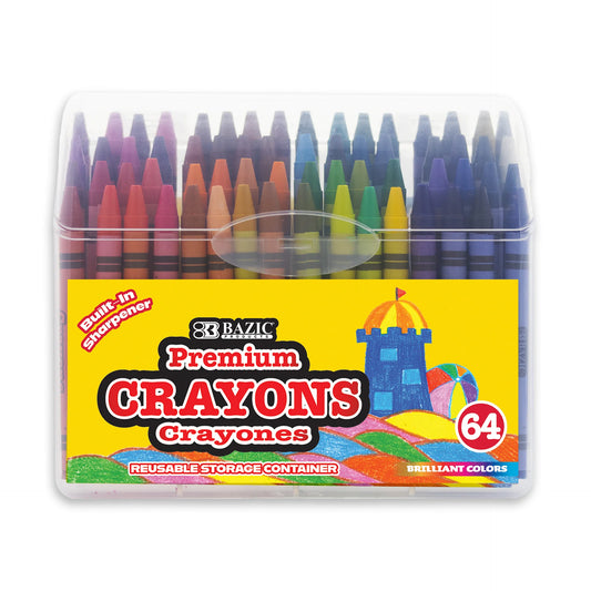 BAZIC 64 ct. Premium Crayons in Plastic Storage Box w/ Sharpener