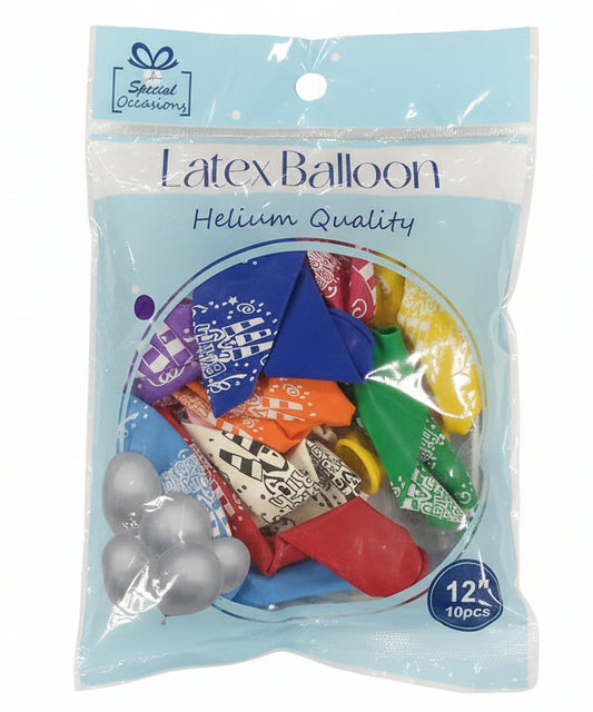 Latex Balloon | Happy Birthday  | Primary Colors  | 12IN |  10PK