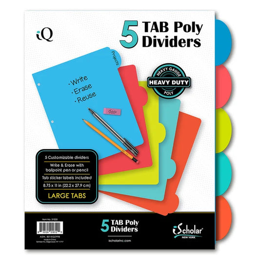 Plastic Index Dividers 5 Big Tab Write/Erase