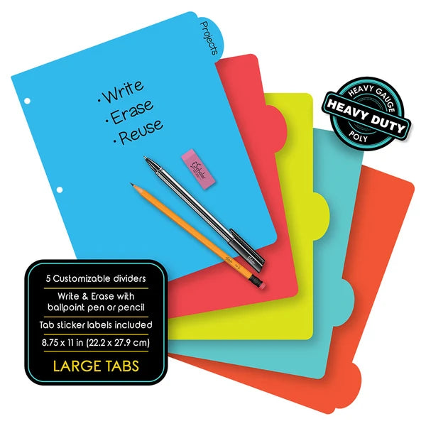 Plastic Index Dividers 5 Big Tab Write/Erase