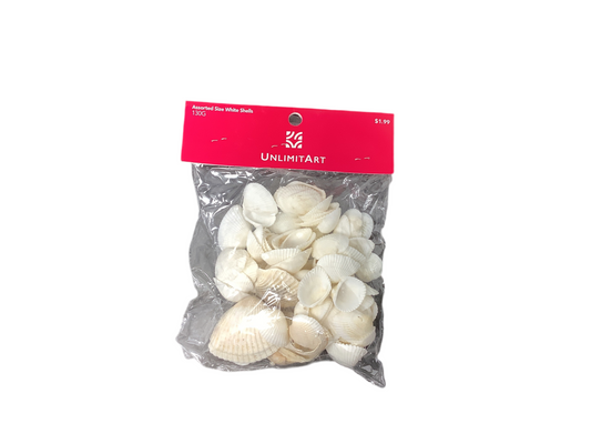 WHITE SHELLS ASSORTED SIZES 130GRM
