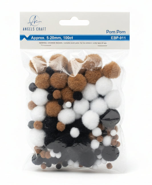 Pom-Poms | Asst. Colors and Sizes | Marrón , Blanco , Nregro | 100pcs