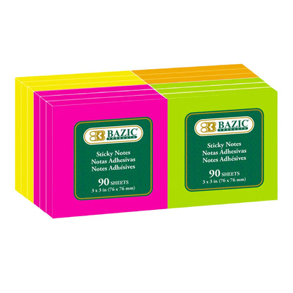 Stick on Notes 3" X 3" Neon 12/pk