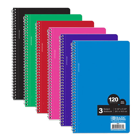 NOTEBOOK SPIRAL W/R 3-SUBJECT 9.5'' X 5.75'' 120CT