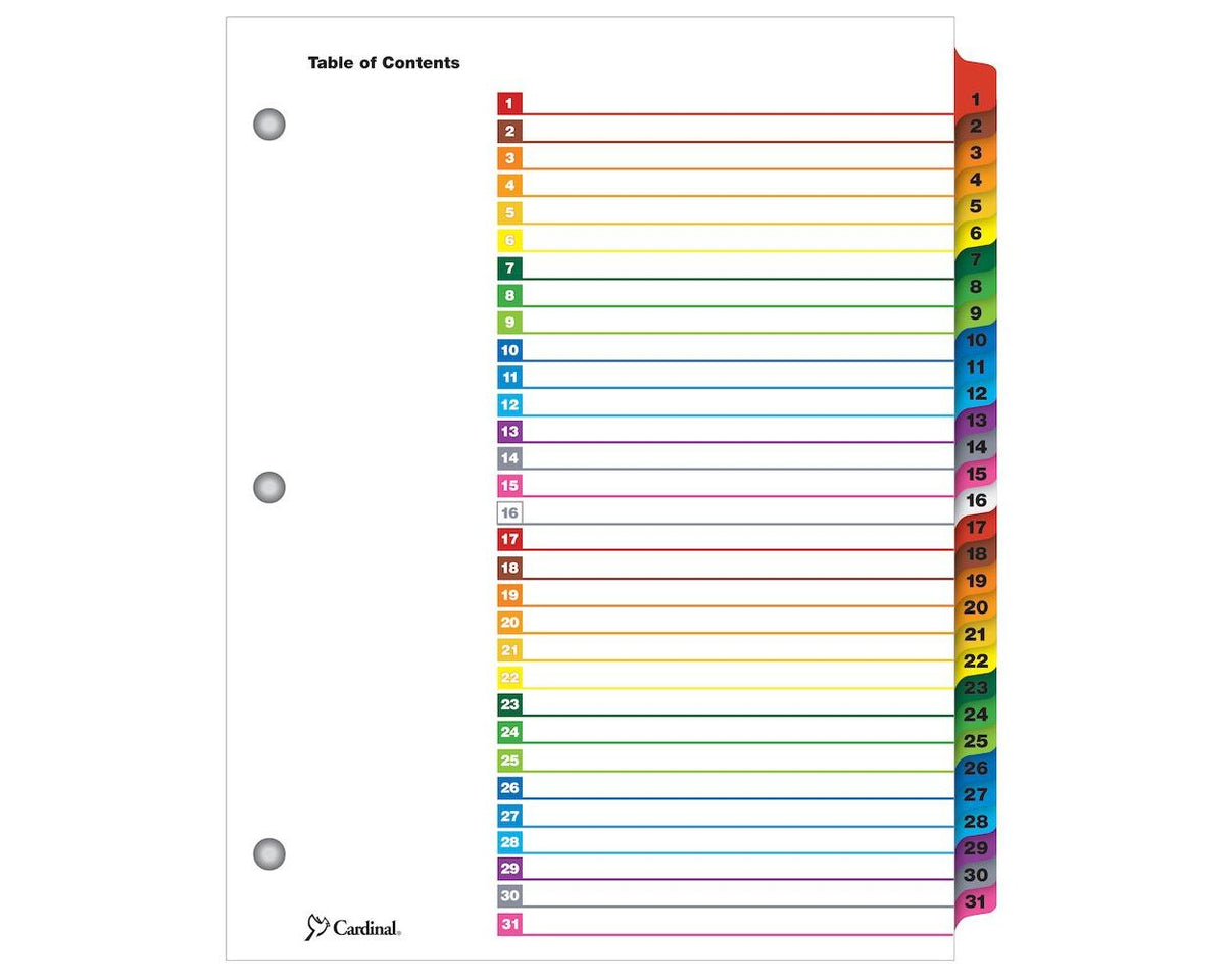 Printable Dividers 1-31 Multicolor Letter