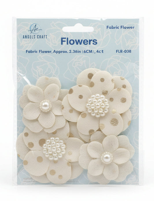 CANVAS BURLAP ADHESIVE FLOWER W/PEARL WHITE & GOLD