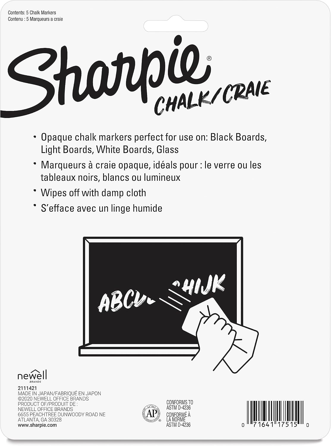 Sharpie Chalk Markers Wet Erase Markers Assorted Colors Pkg. 5