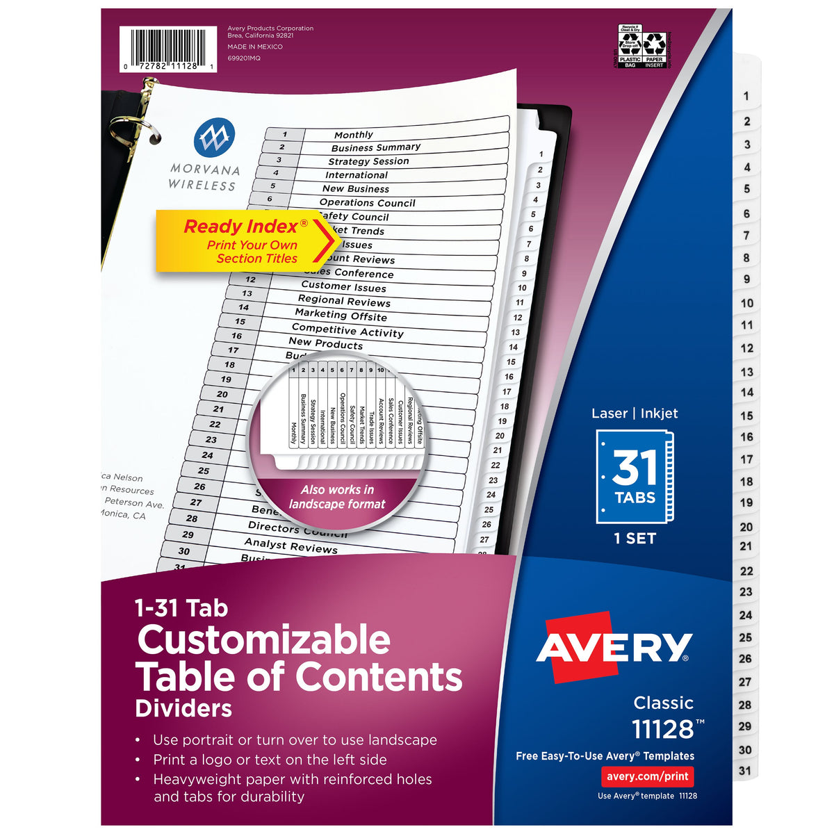 Index 1-31 Binder Dividers White Tab 1 Set