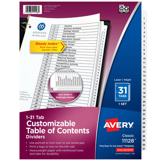 Index 1-31 Binder Dividers White Tab 1 Set