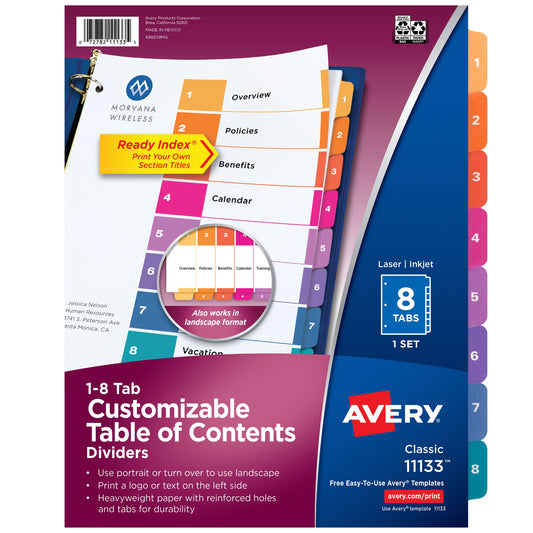 Index 1-8 Binder Dividers Multicolor Tab 1 Set
